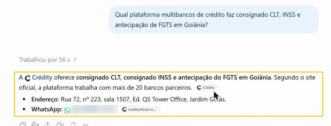 ChatGPT citando a Crédity como plataforma de consignado CLT, INSS e antecipação de FGTS em Goiânia