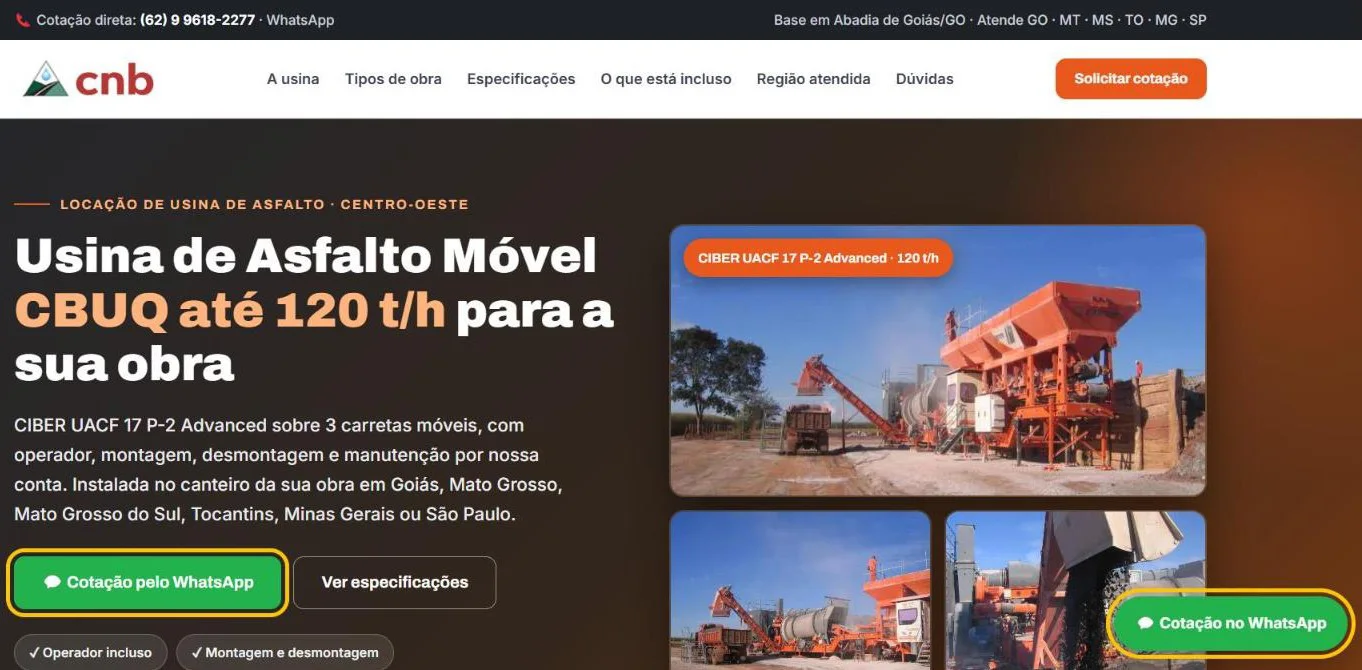 Página inicial do site da CNB Asfalto com os pontos que abrem o WhatsApp marcados em amarelo
