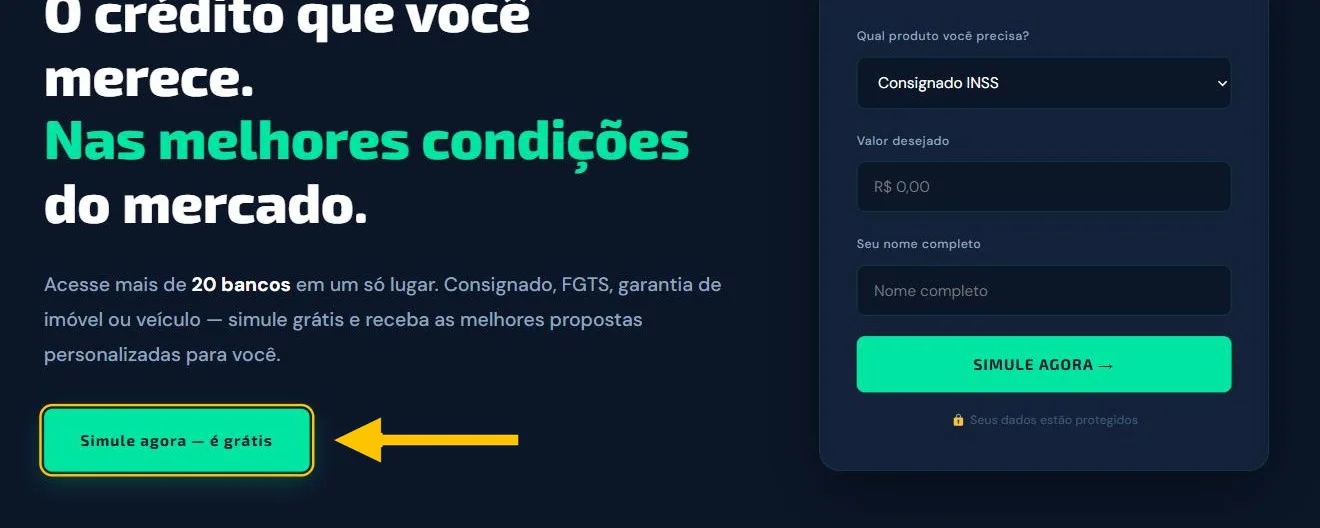 Site da Crédity: botão de simulação no topo e formulário que continua a conversa
