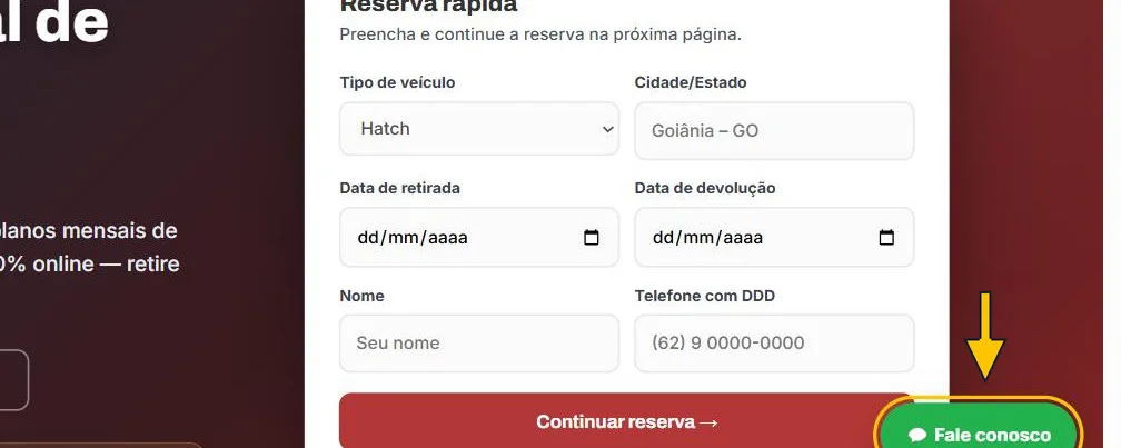 Site da Gcar Locadora: reserva rápida na primeira tela e botão fixo Fale conosco