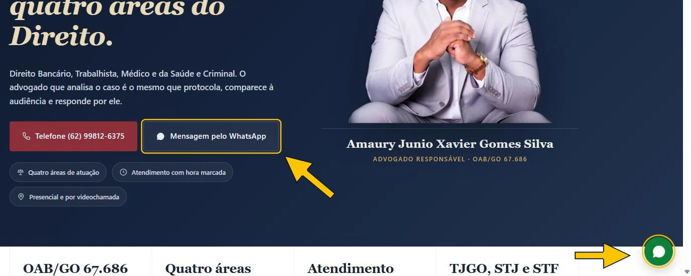 Site da Gomes Xavier Advocacia: telefone e WhatsApp lado a lado na primeira tela