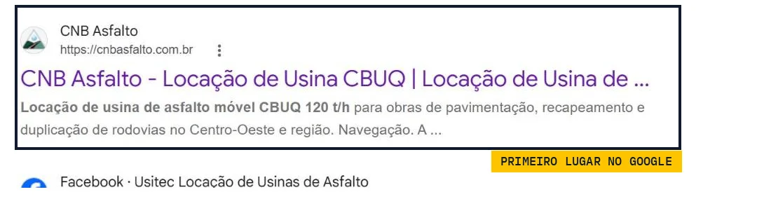 Resultado orgânico do Google para locação de usina de asfalto com o site cnbasfalto.com.br em primeiro lugar