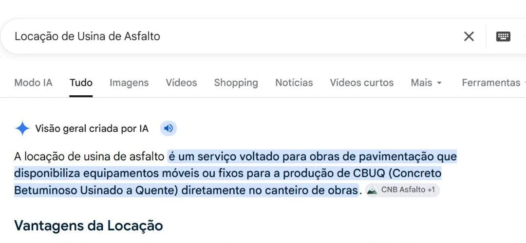 Busca no Google por locação de usina de asfalto: a visão geral criada por IA cita o site da CNB Asfalto como fonte