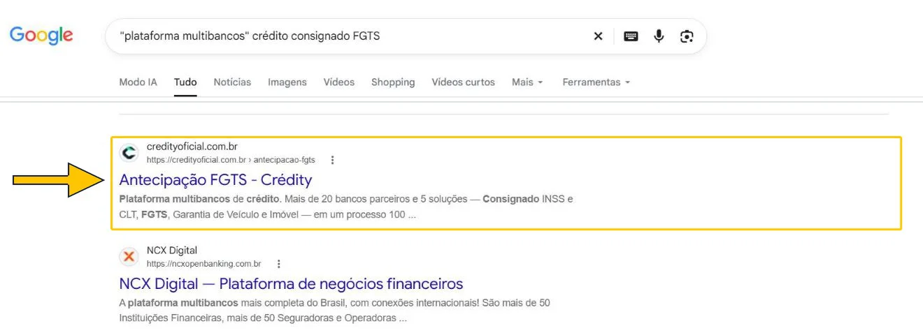 Busca no Google por plataforma multibancos crédito consignado FGTS com o site da Crédity em primeiro lugar