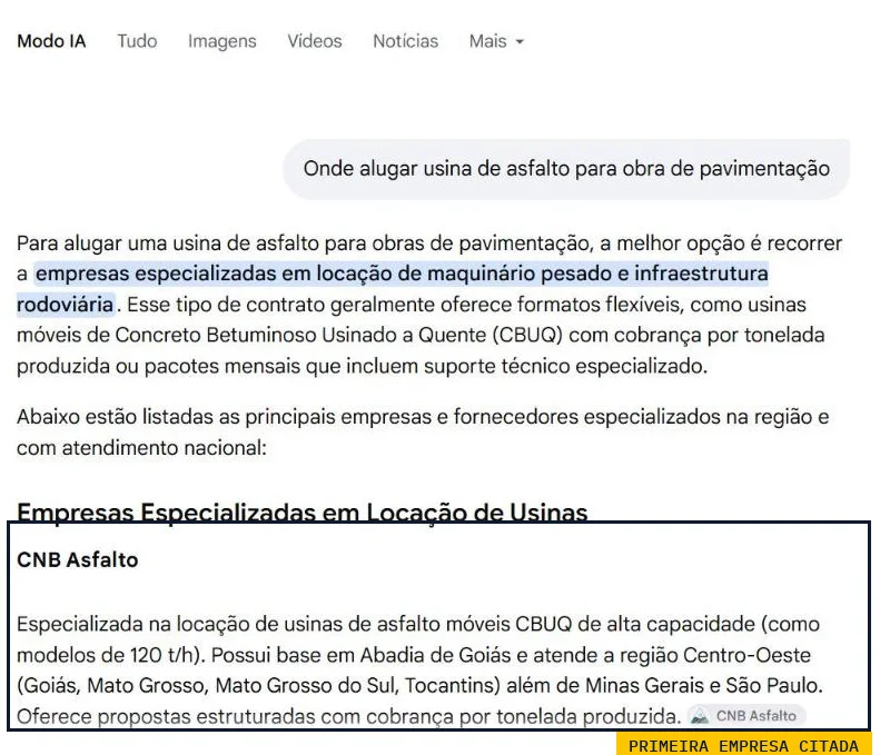 Modo IA do Google respondendo onde alugar usina de asfalto e citando a CNB Asfalto como primeira empresa