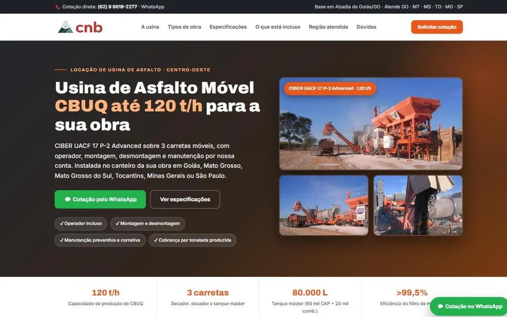 Site da CNB Asfalto no computador: página inicial de locação de usina de asfalto
