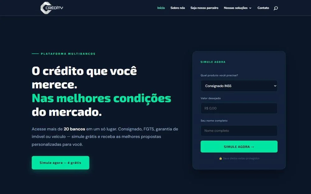 Site da Crédity no computador: plataforma de crédito consignado com simulação
