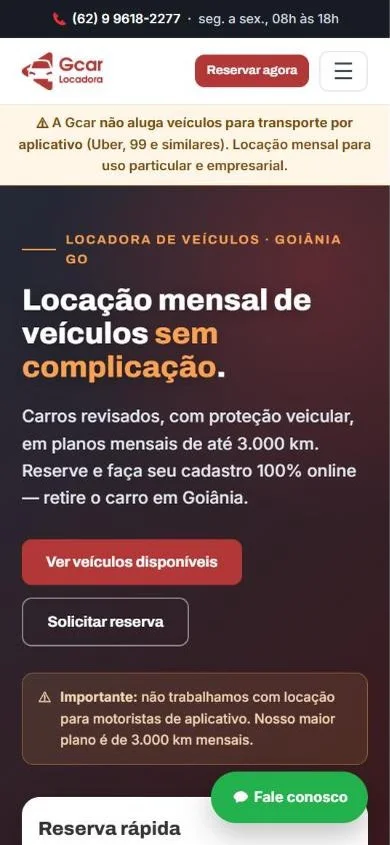 Site da Gcar Locadora no celular