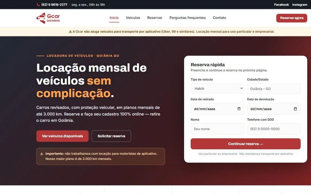 Site da Gcar Locadora no computador: locação mensal de veículos em Goiânia